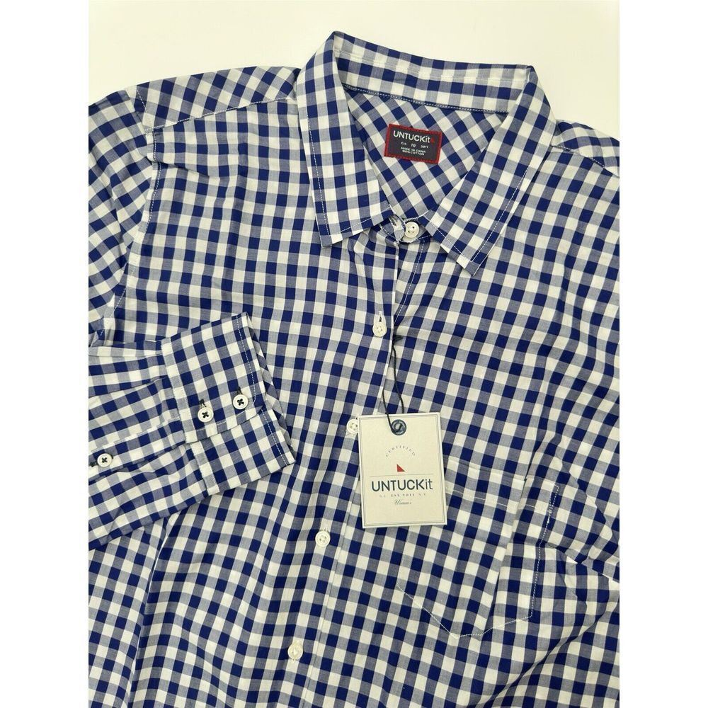 UNTUCKit Women's Size 10 Button Up Long Sleeve‎ Blue Gingham Shirt Belleza NEW